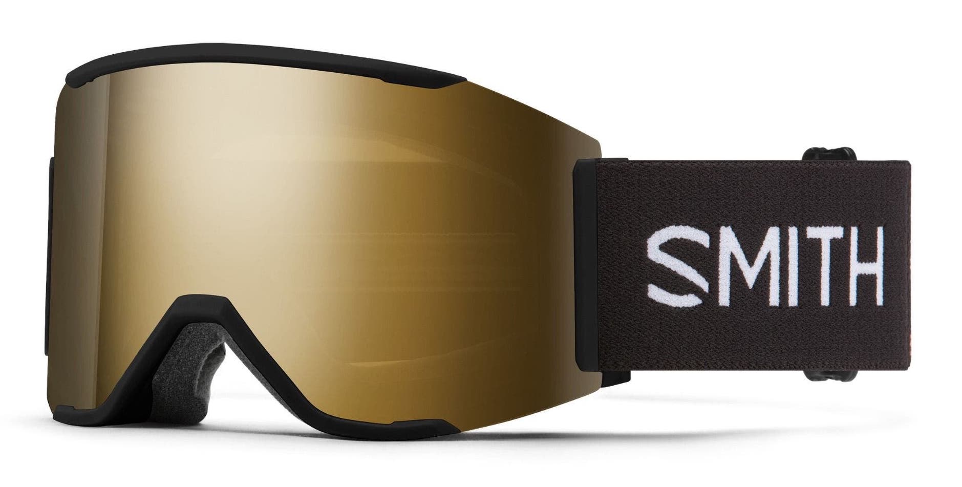 SMITH Squad MAG ski & snow goggle in black with white SMITH lettering on strap. Shield lens features ChromaPop gold mirror.