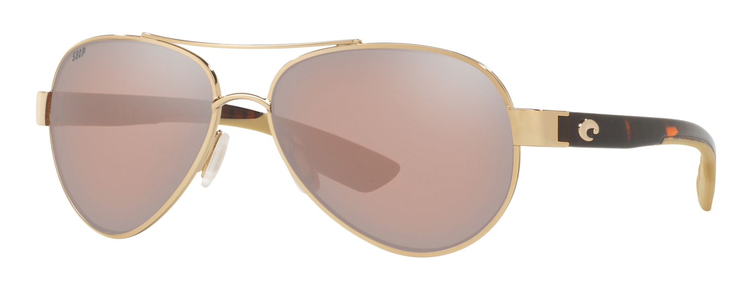 #2 in best polarized sunglasses for women, the Costa Loreto. A rose gold metal frame with copper silver mirror polarized lenses.