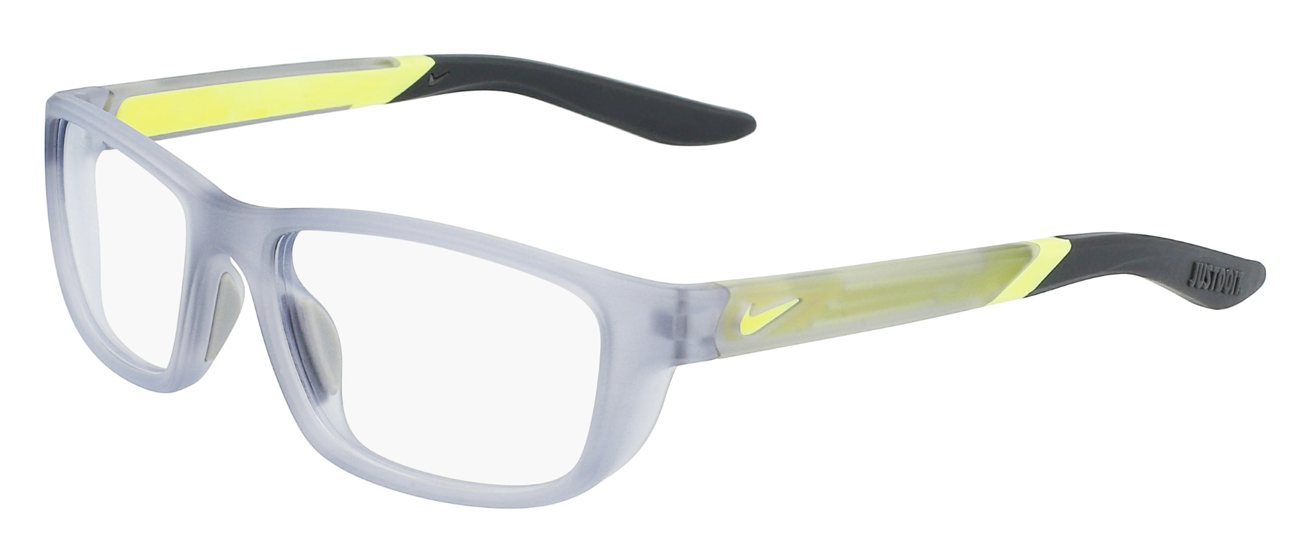 Nike 5044 kids' glasses in matte wolf grey with dark grey temple tips and lime details.