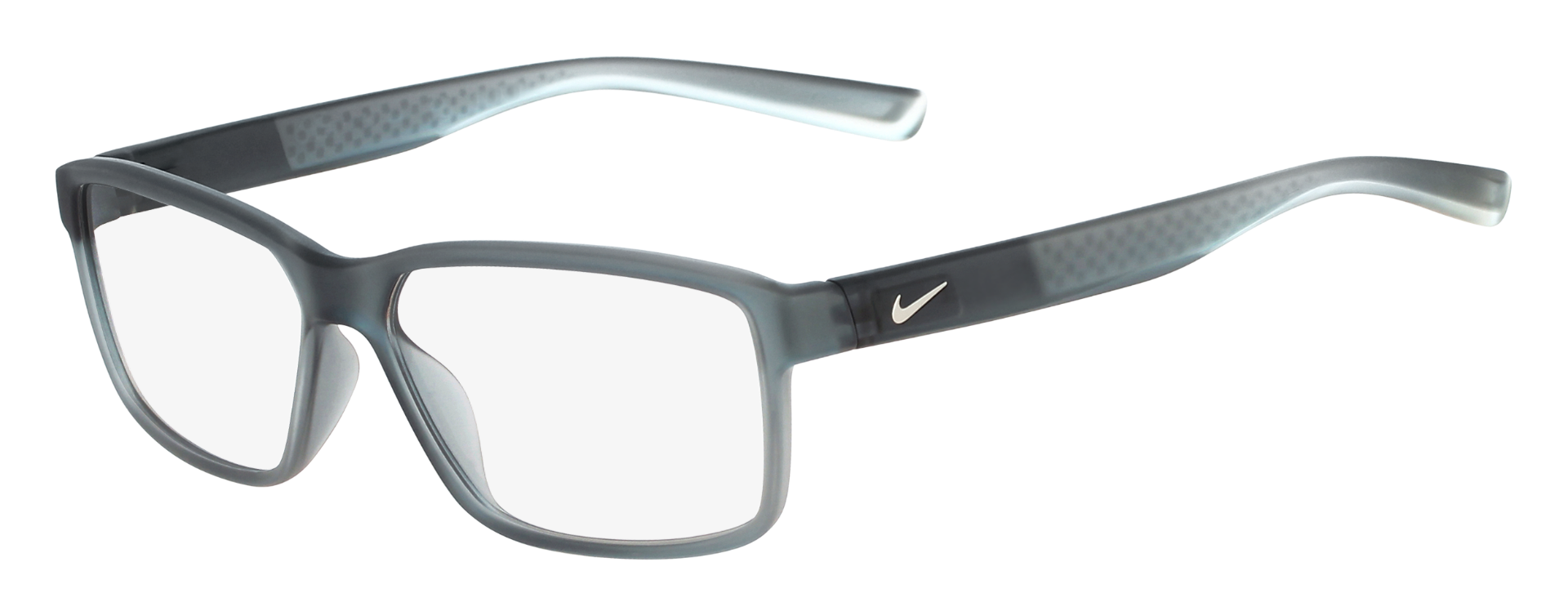 Men's Nike eyeglasses the 7092 frame. Full-rim frame in gray with rectangular clear lenses.