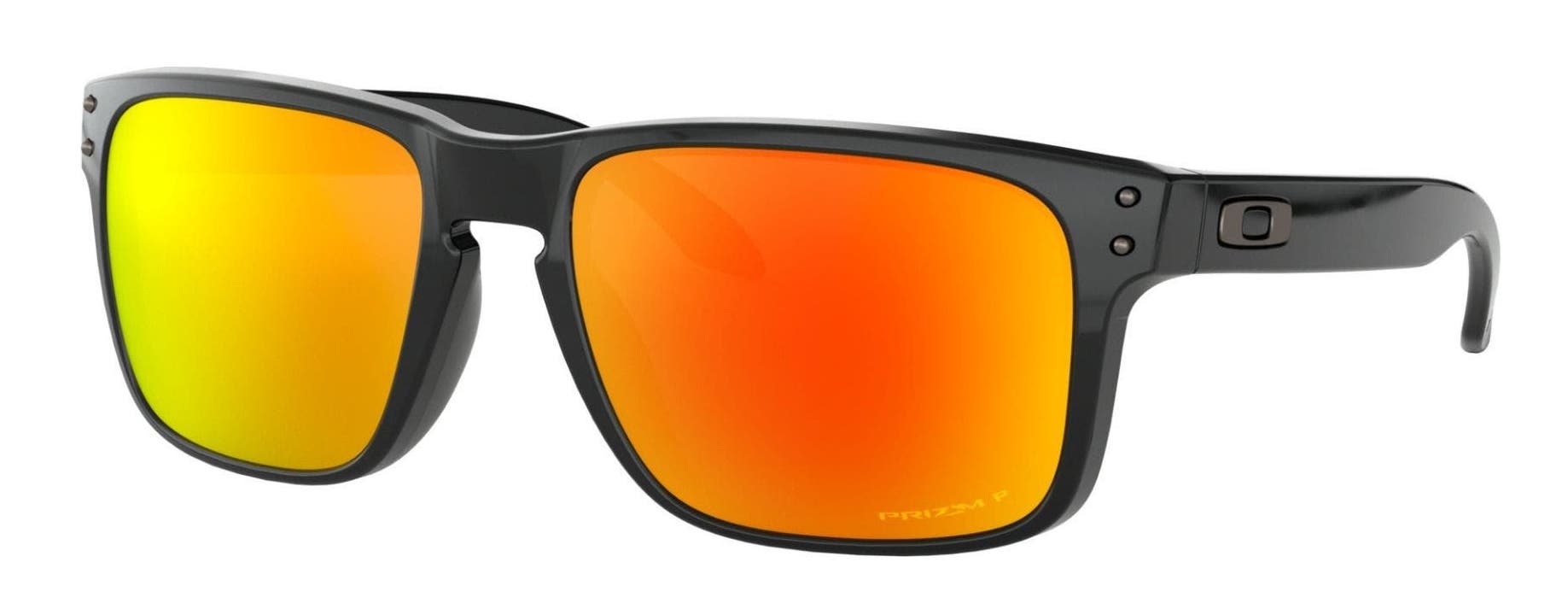 Oakley Holbrook polarized prescription sunglasses with black frame and PRIZM ruby lenses.