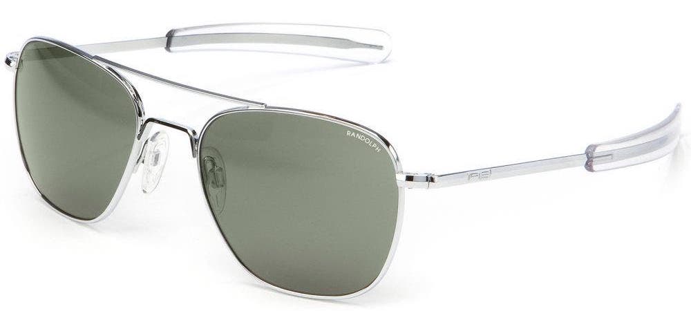 Randolph Engineering Aviator sunglasses in bright chrome metal frame with glass grey lenses.