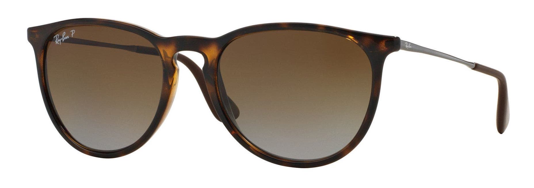 Final frame in lineup of the best women's polarized sunglasses, the Ray-Ban Erika. Havana brown frame with round polarized brown lenses.