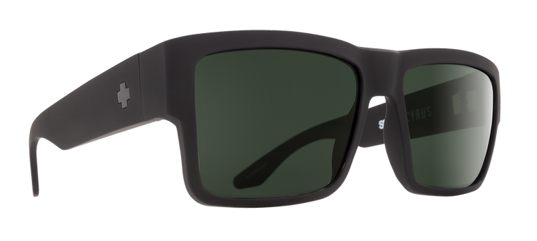 SPY Cyrus sunglasses in black matte with polarized green lenses.