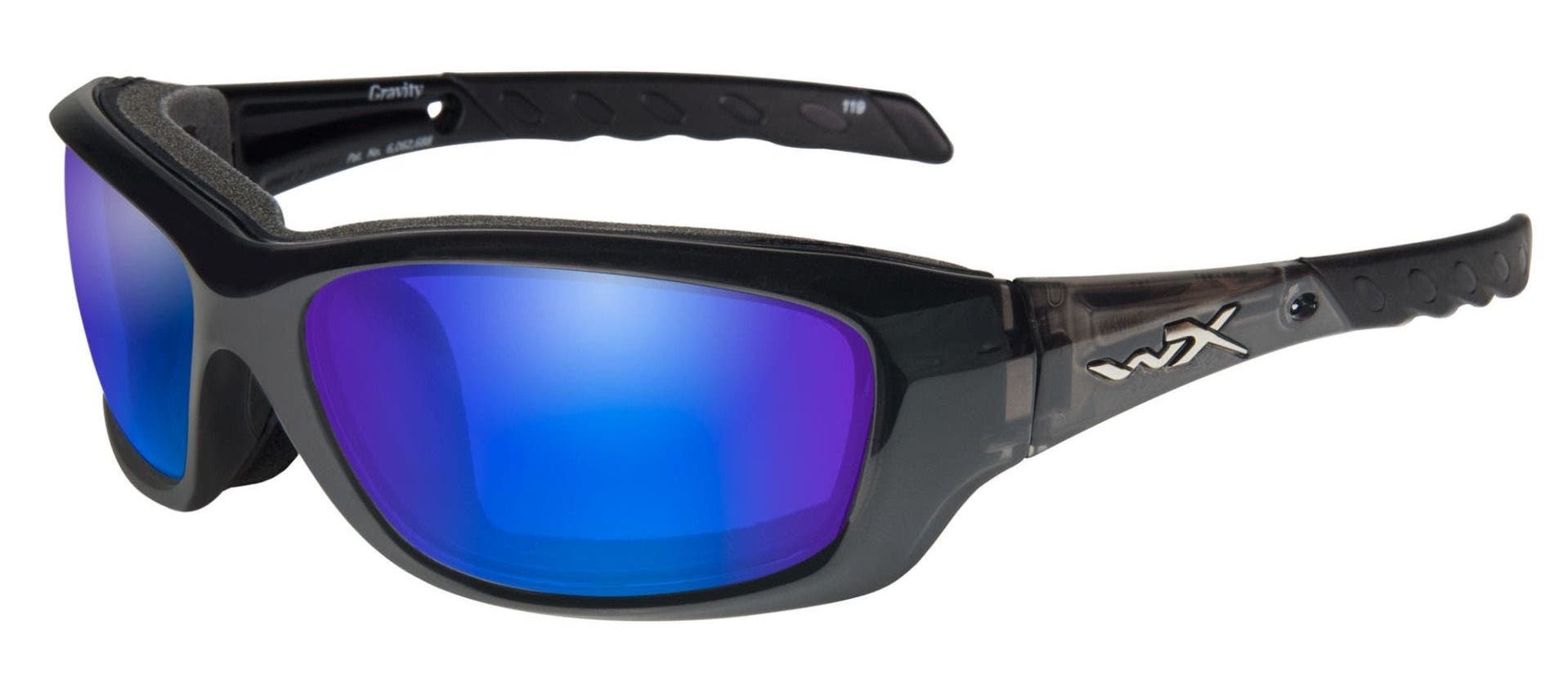 Wiley X Gravity polarized prescription sunglasses in black with blue mirror lenses.
