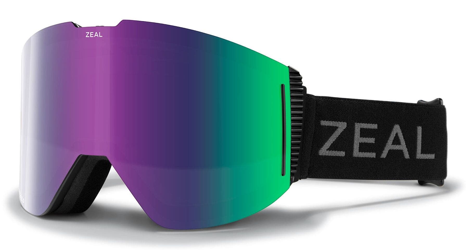 Zeal Optics Lookout snow goggles in dark night black with polarized jade mirror shield lens.