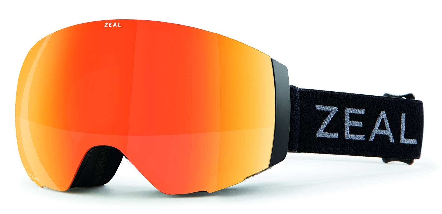 Zeal Optics Portal snow goggle in dark night black with phoenix red orange mirror shield lens.