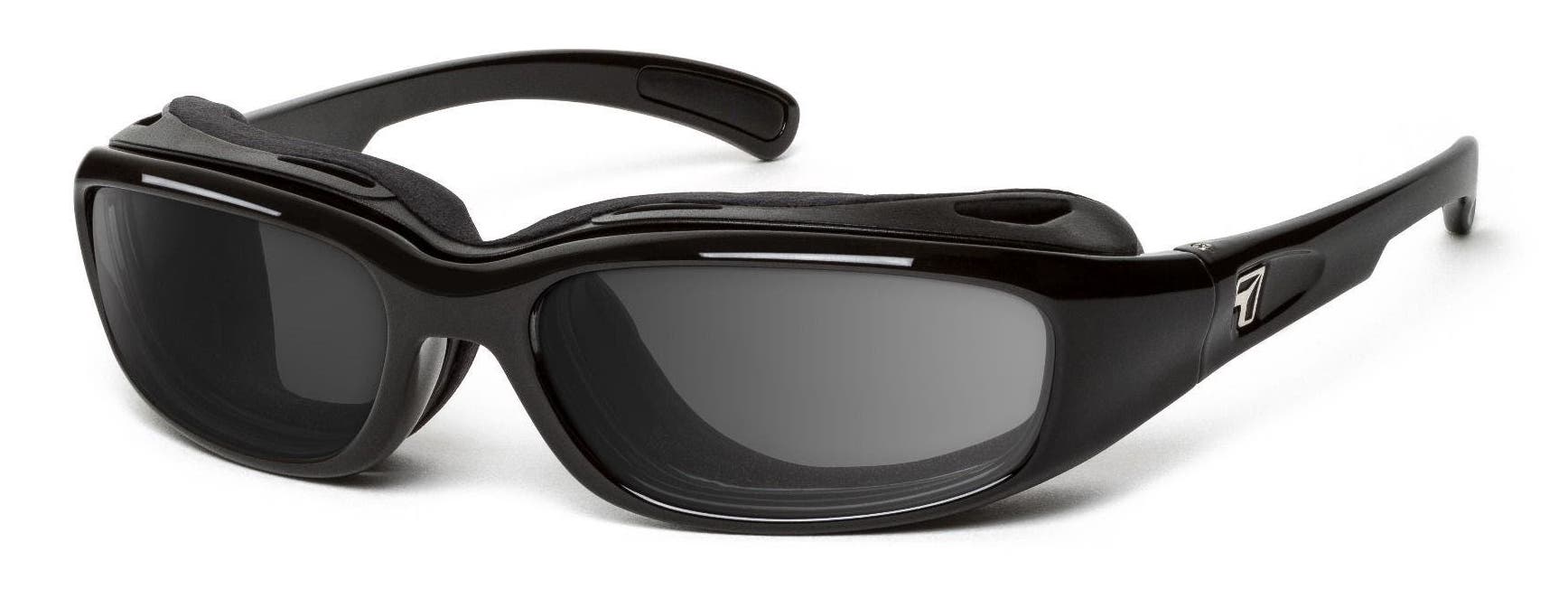 7Eye Churada motorcycle sunglasses in glossy black with grey lenses and foam eyecup.