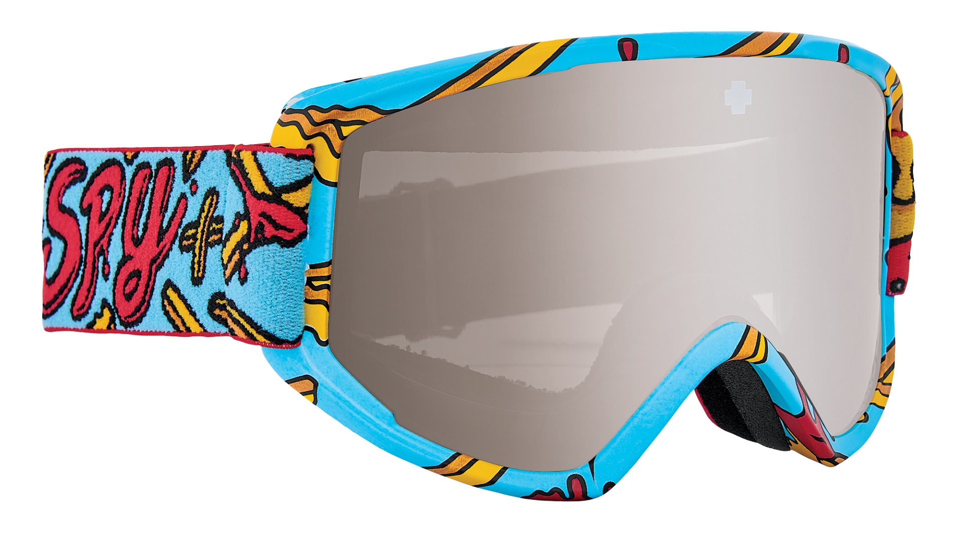 SPY Crusher Elite Jr snow goggles for kids. Blue band with french fries and pizza and silver shield lens.