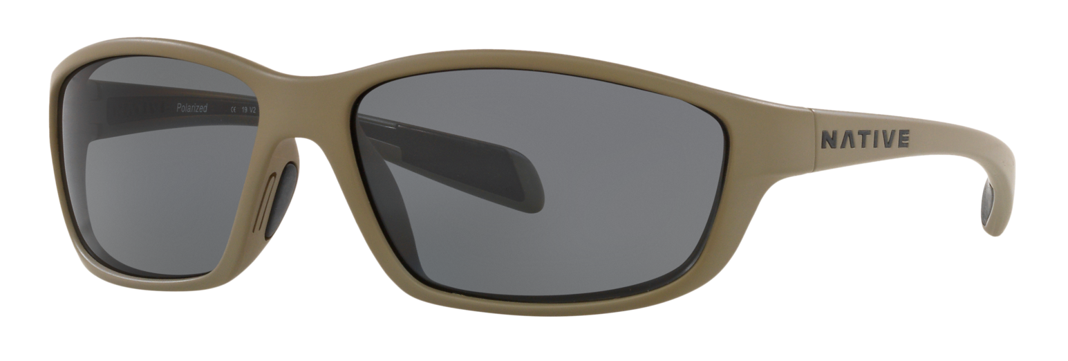 Native Eyewear Kodiak polarized motorcycle sunglasses. Matte khaki beige frame with rectangular grey polarized lenses.