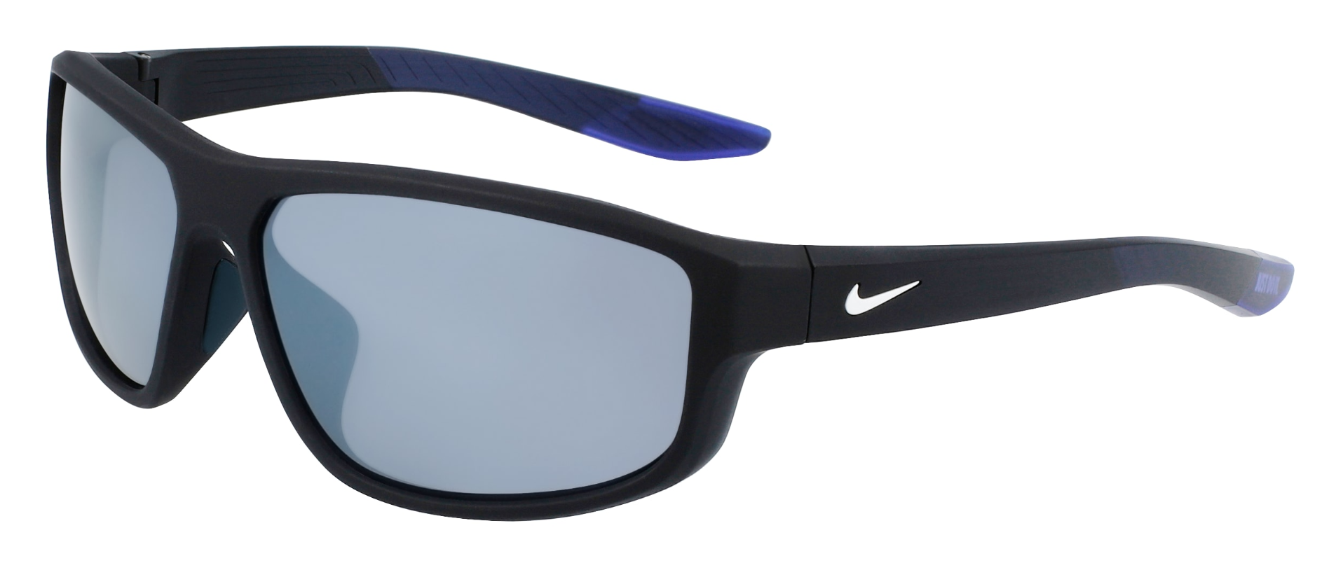 Nike Brazen Fuel men's sunglasses in black with blue temple tips. Featuring grey silver flash lenses.