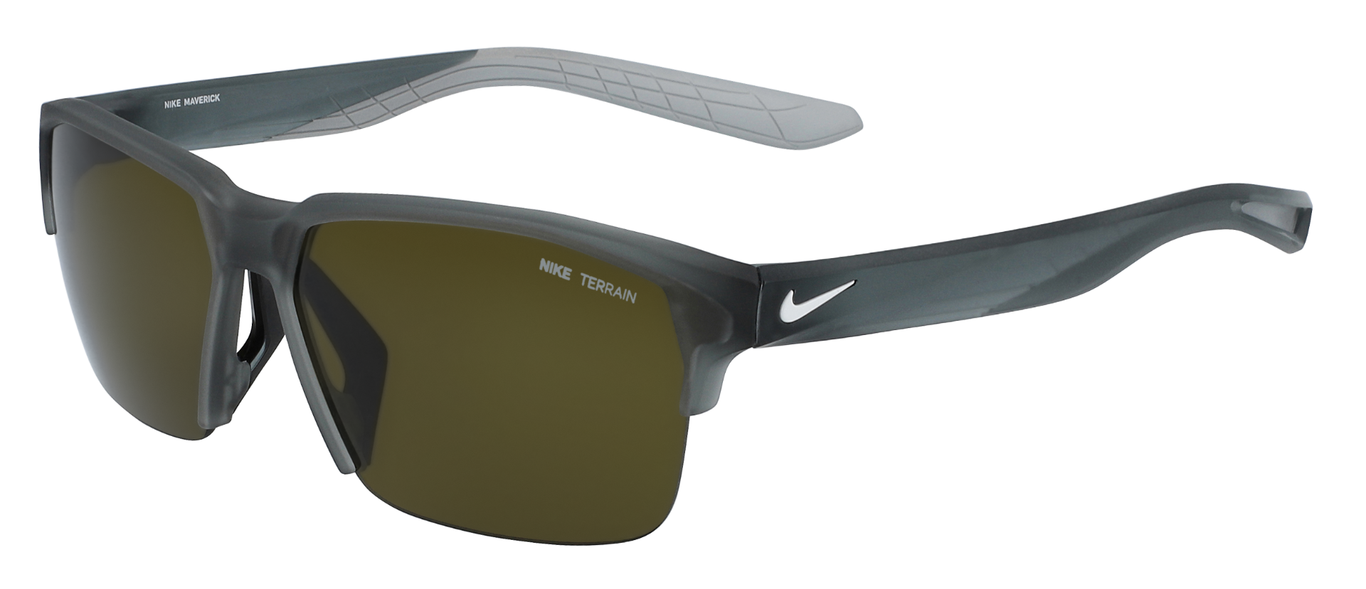 Nike sunglasses with interchangeable lenses featuring the Maverick Free frame. Matte grey and white frame with square interchangeable lenses in greenish tint.