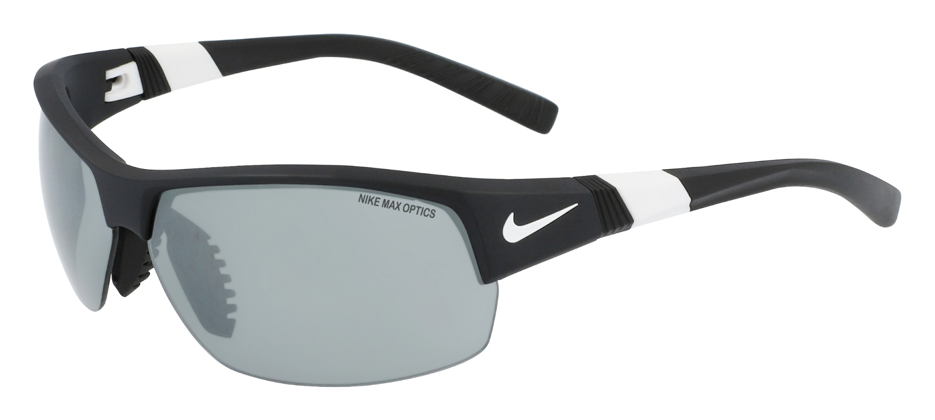 Nike Show X2 sunglasses with interchangeable lenses. Black and white semi-rimless frame with grey silver flash lenses.