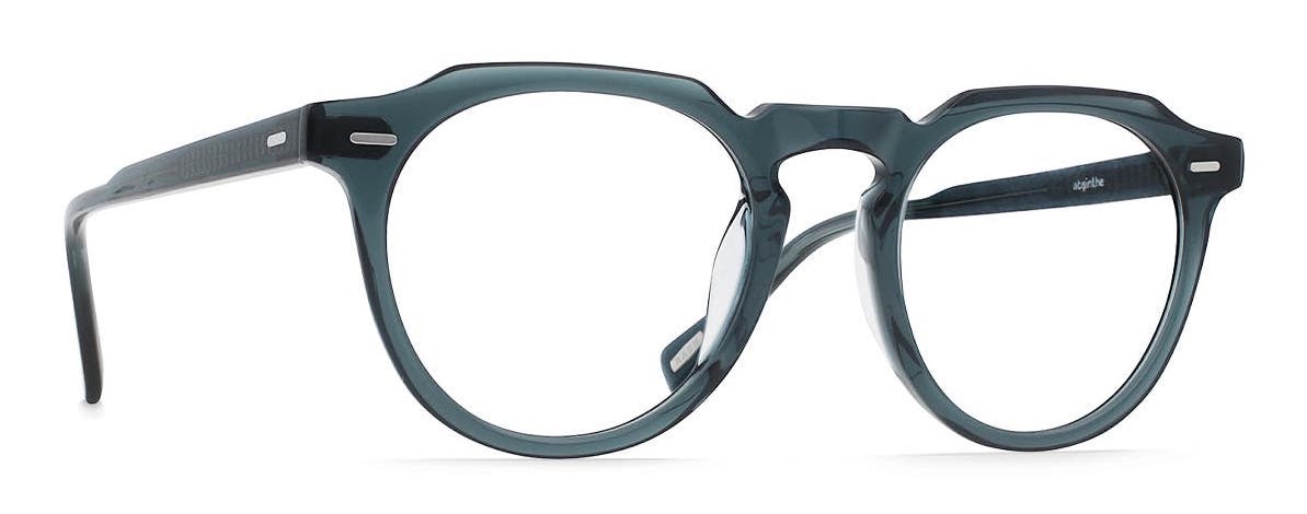 RAEN Gild eyeglasses in absinthe blue grey with round clear lenses.