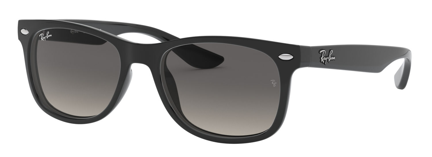 Ray-Ban Junior RJ9052S New Wayfarer youth sunglasses in black with grey gradient lenses.