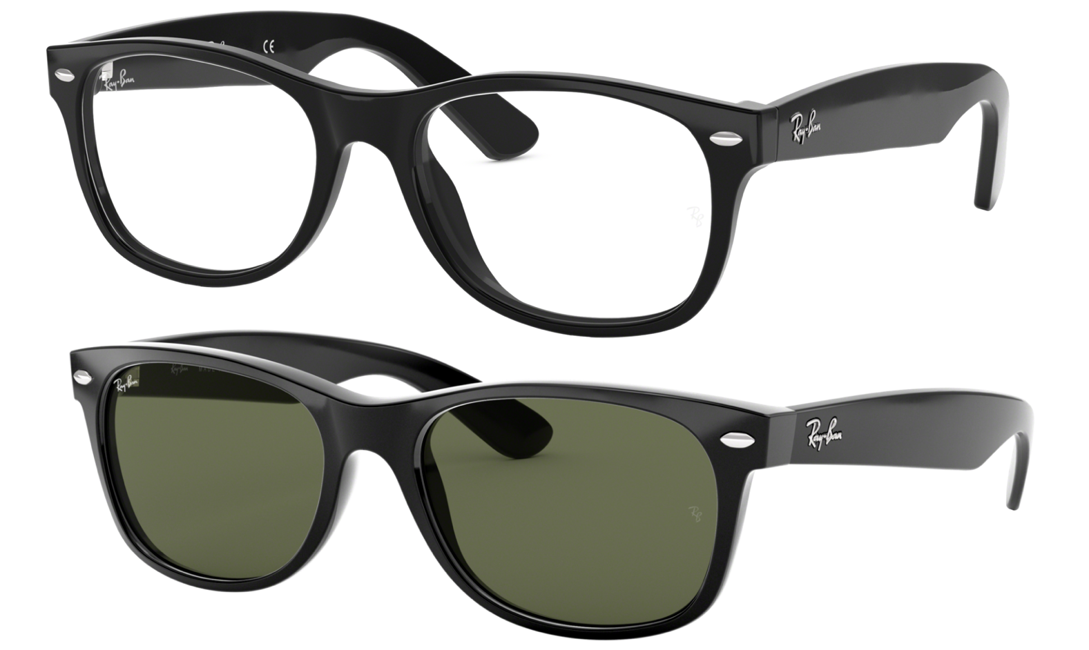 Ray-Ban New Wayfarer sunglasses with clear lenses and tinted lenses.