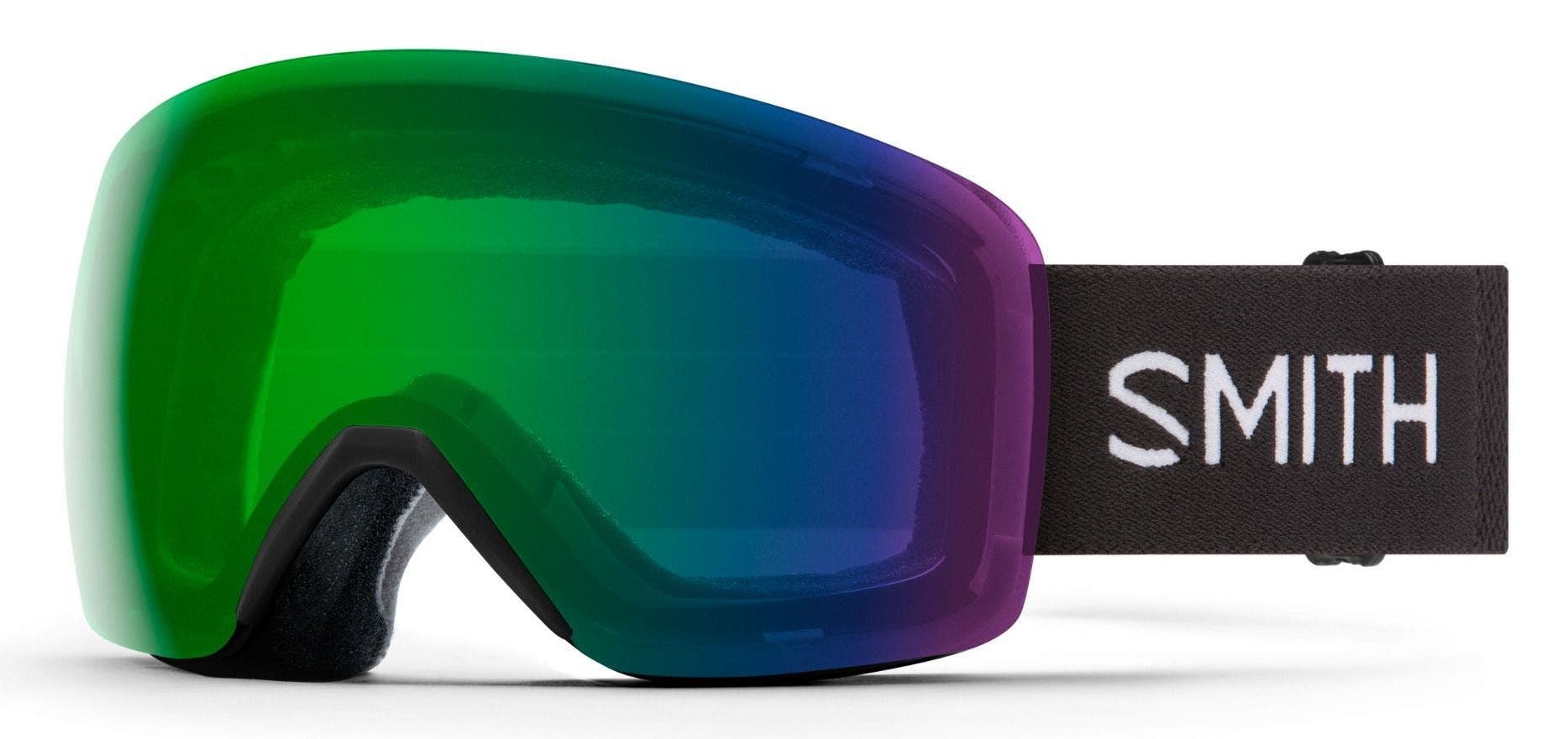 SMITH Skyline snow goggles in black with ChromaPop green mirror rimless lens.