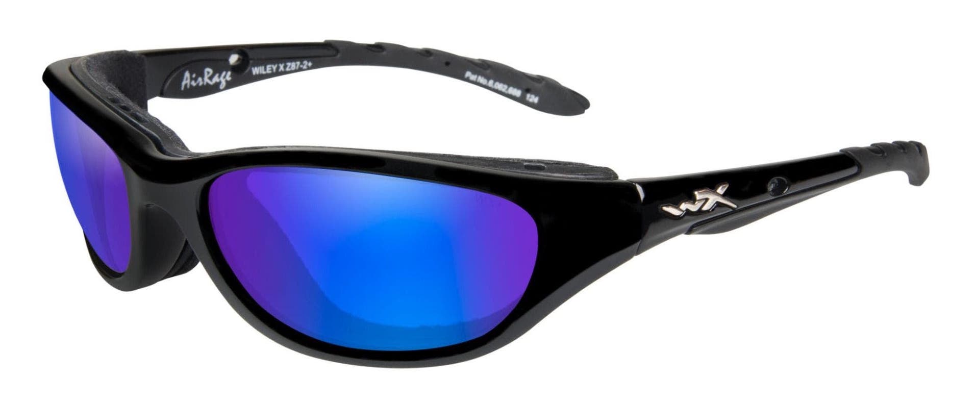 Wiley X Airrage sunglasses in glossy black frame with polarized blue mirror lenses.