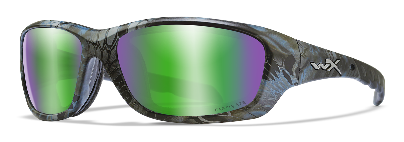 Wiley X Gravity polarized sunglasses in python grey and blue print with polarized green mirror lenses.