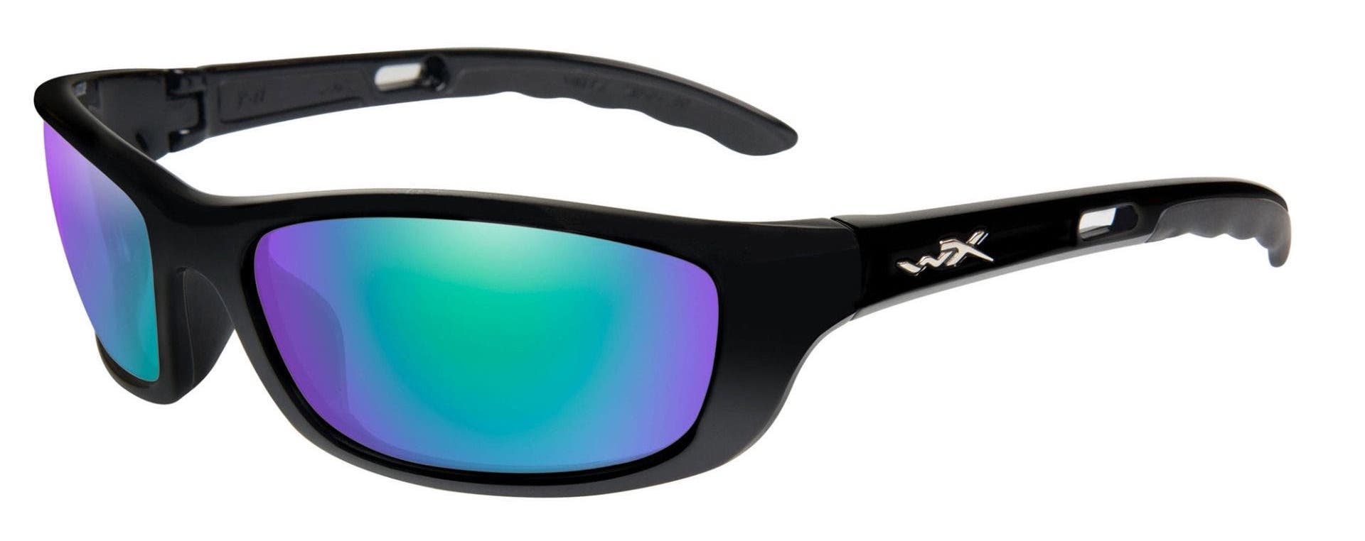 Wiley X P-17 motorcycle sunglasses in glossy black with polarized green amber lenses.