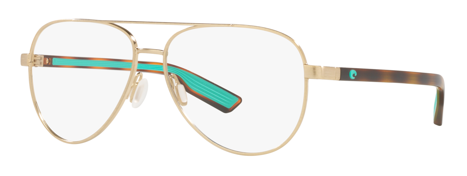 Costa Peli Rx aviator eyeglasses in gold with tortoise and turquoise temples.