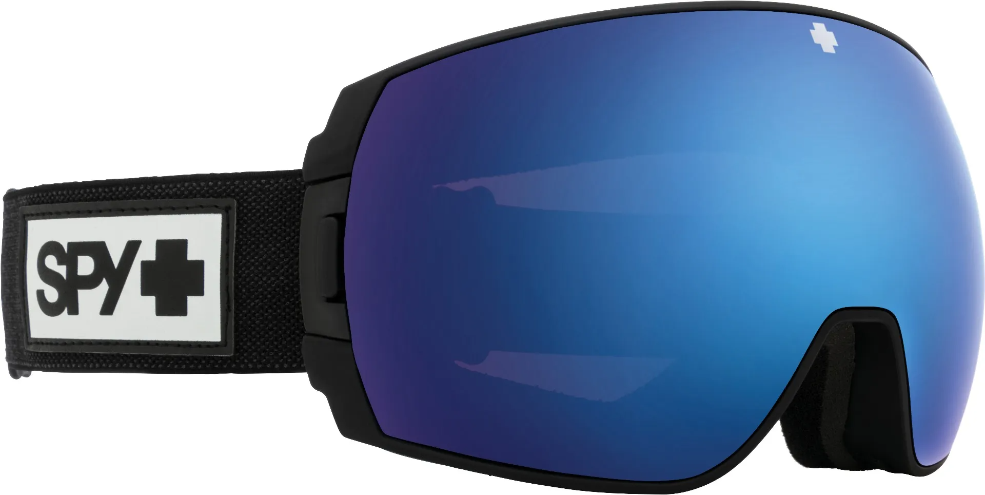 SPY Legacy snow goggles in black with blue rimless shield lens.