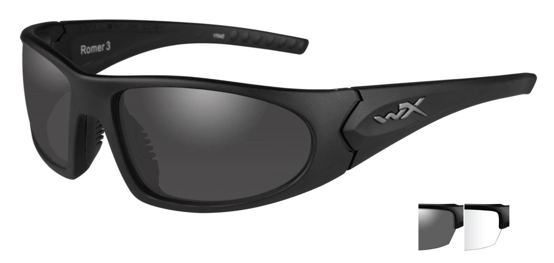 Wiley X motorcycle glasses featuring the Romer III frames. Matte black with grey lenses.