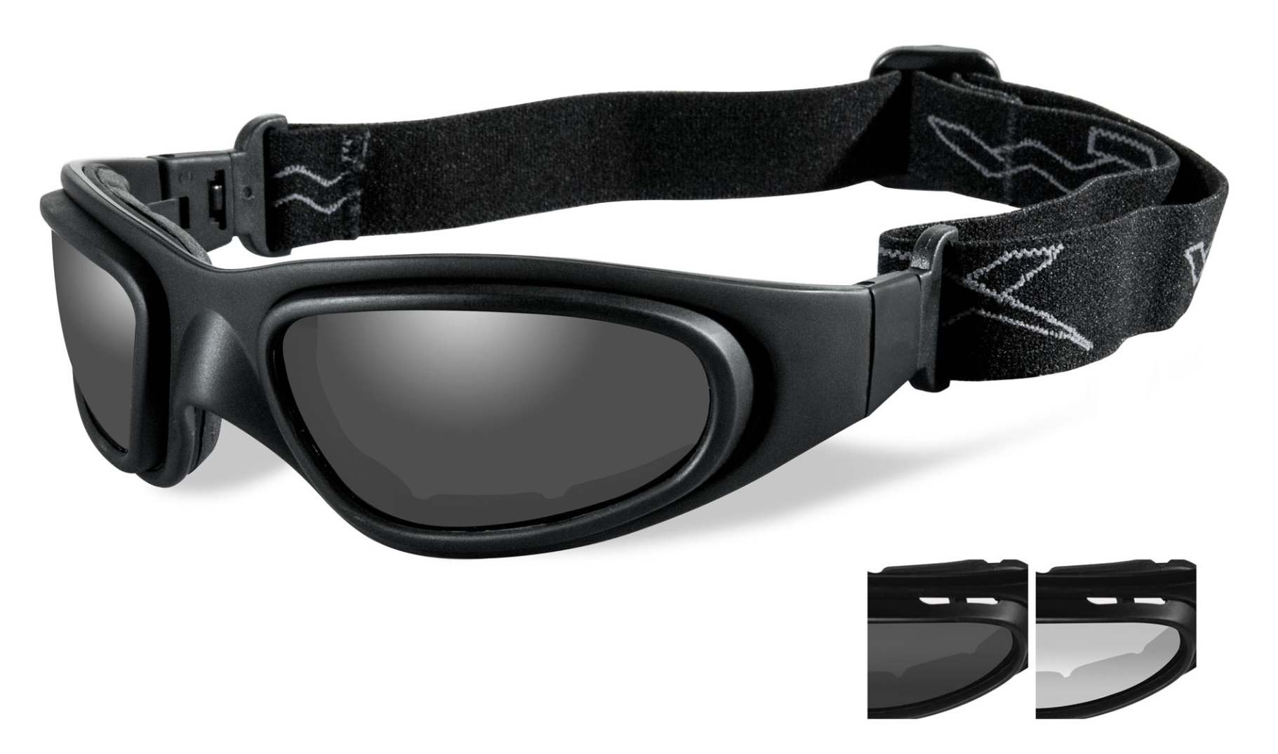 Wiley X motorcycle sunglasses featuring the SG-1 frames. Matte black with black strap and dark grey lenses.