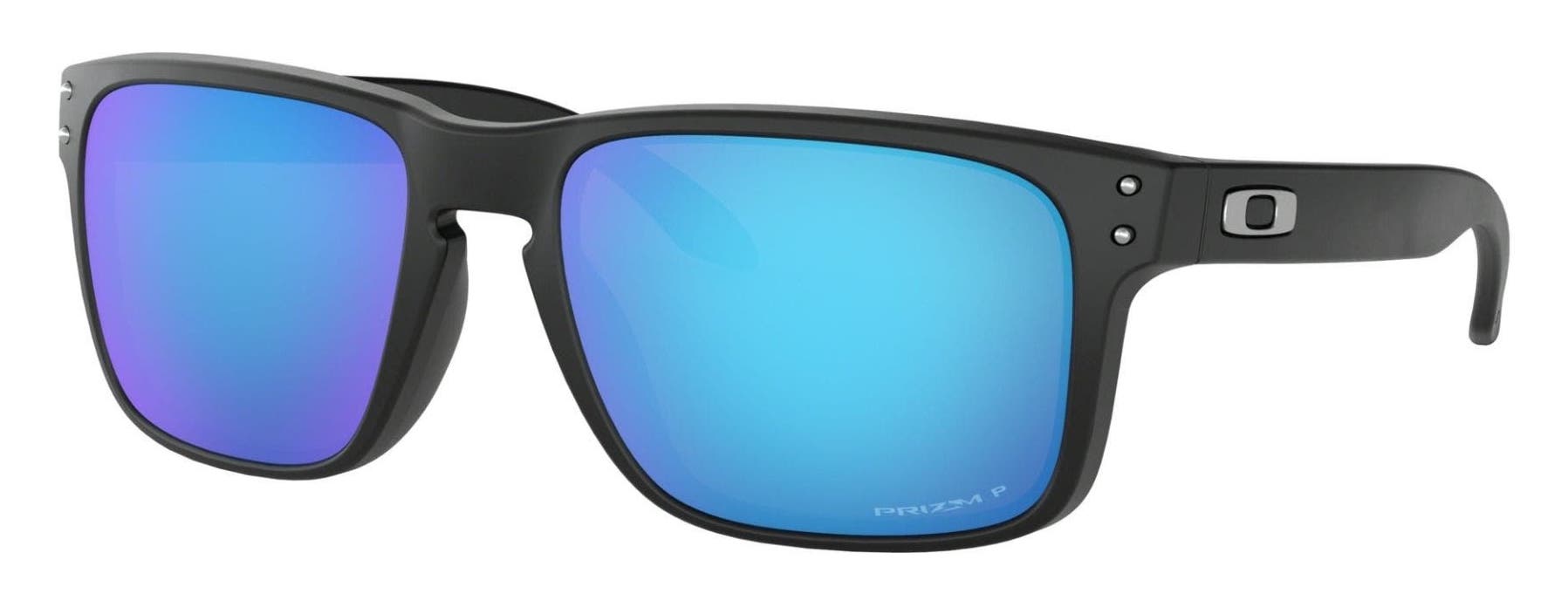 Oakley Holbrook men's lifestyle sunglasses in matte black with PRIZM sapphire blue polarized lenses.