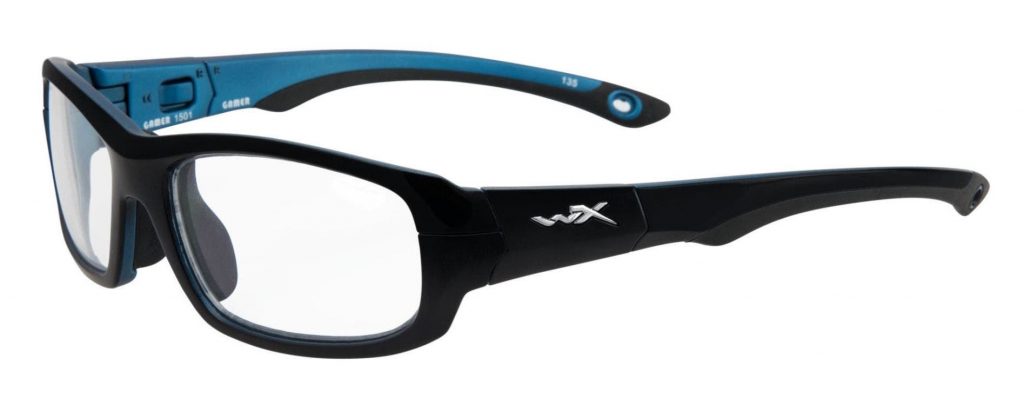Wiley X Gamer sports glasses in black and blue with clear lenses.