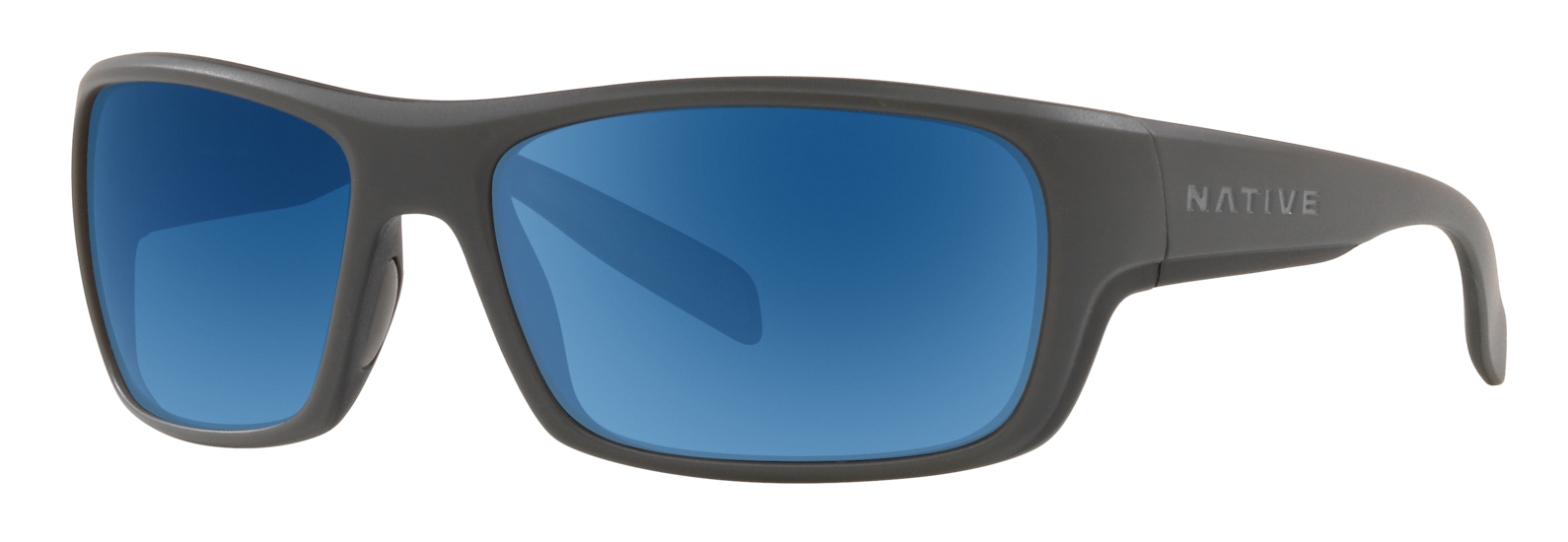Native Eyewear Eddyline sunglasses in gray and black with blue polarized lenses.