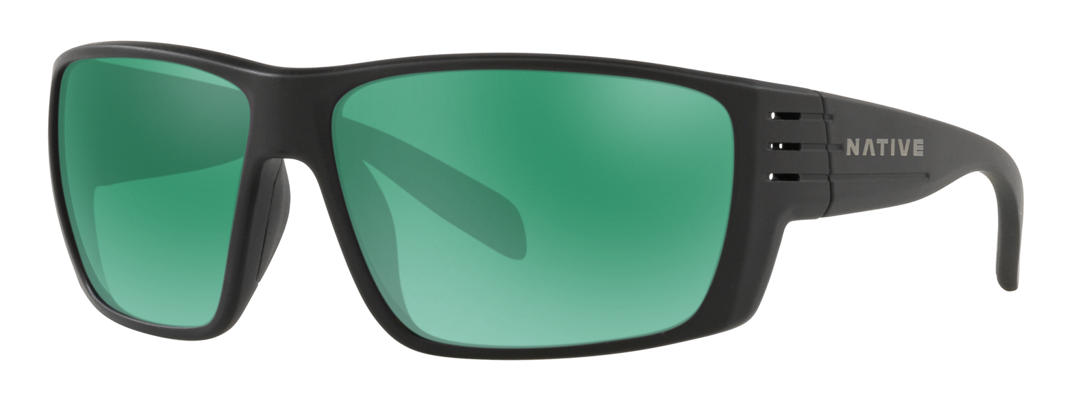 Native Eyewear Griz sunglasses in matte black with green polarized lenses.