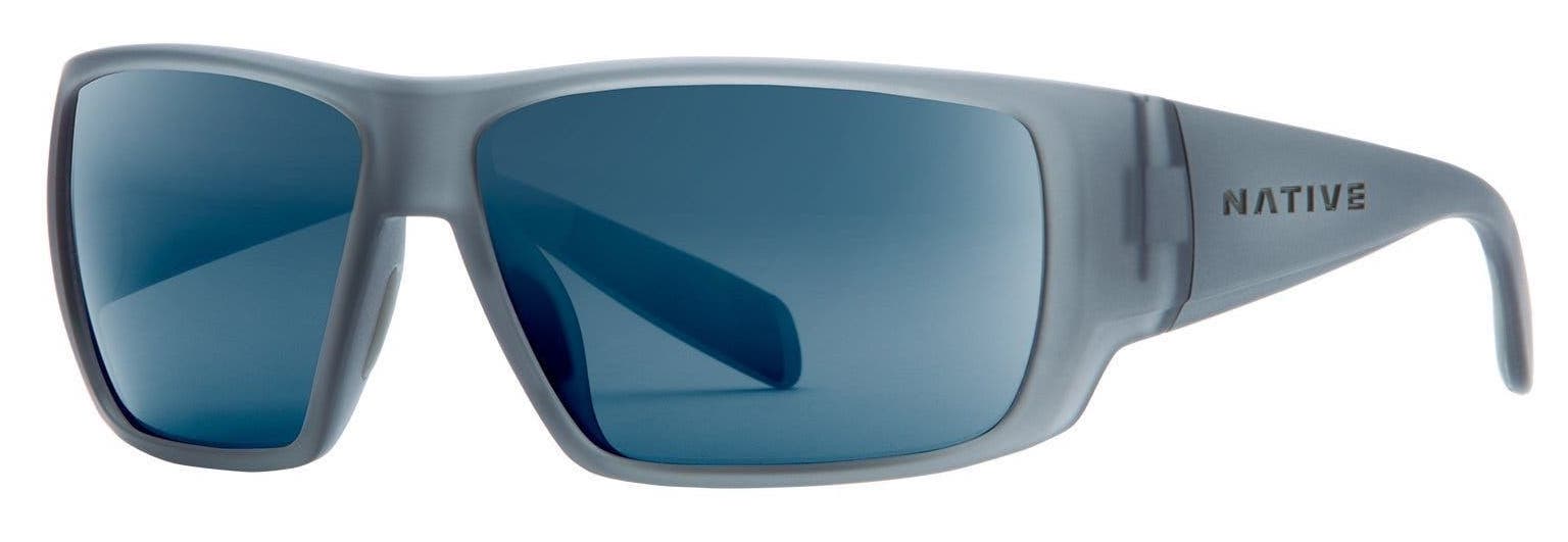 Native Eyewear Sightcaster fishing sunglasses under 100. Crystal blue frame with blue polarized lenses,