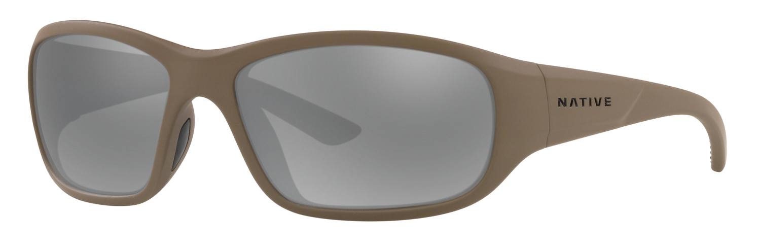 First frame in lineup of the best fishing sunglasses under 100 featuring the Native Eyewear Throttle AF. A tan wrap frame with silver polarized lenses.