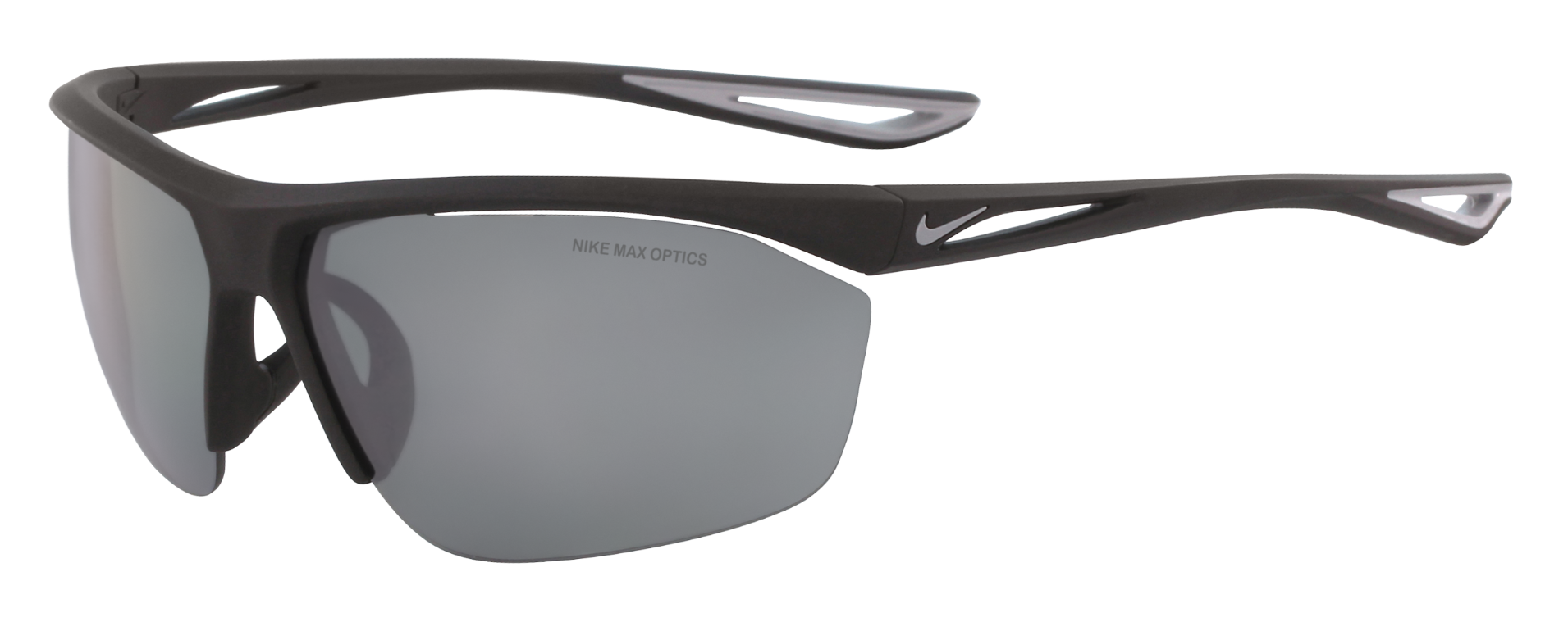 First frame in best Nike women's sunglasses list featuring the Tailwind S. Semi-rimless matte black frame with grey lenses.