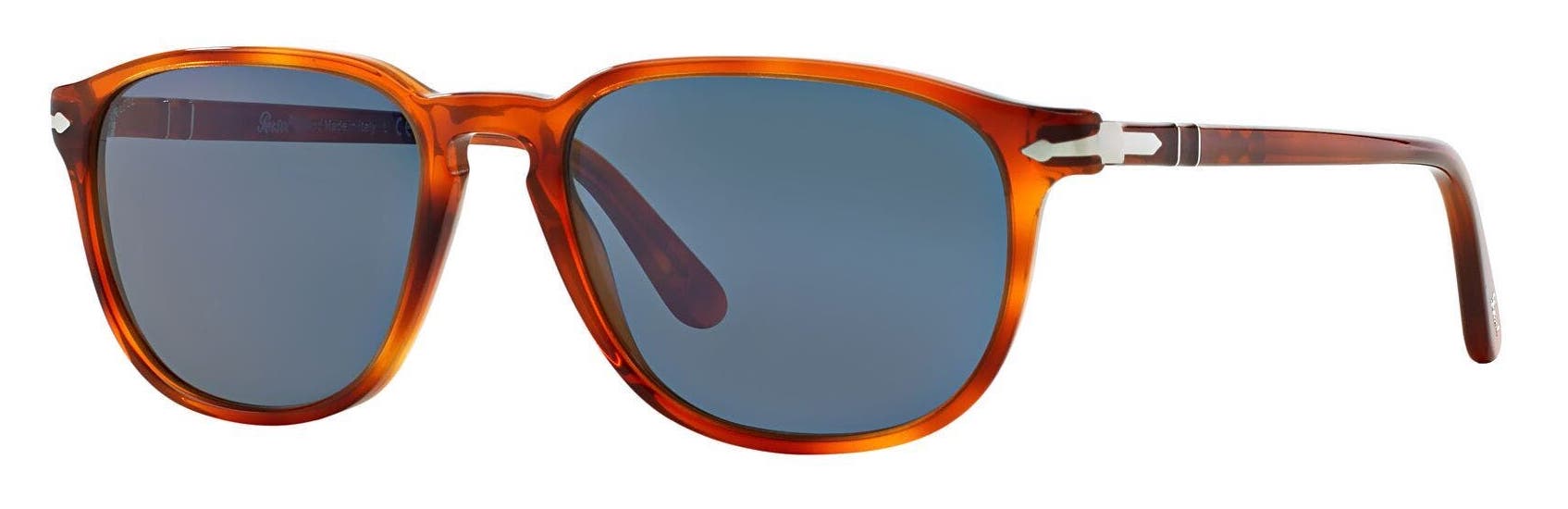 Persol PO3019S men's lifestyle sunglasses in brown sienna color with blue square lenses.