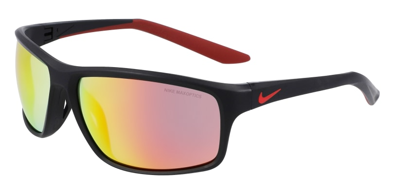 Nike Adrenaline 22 sunglasses in matte black with red Nike logo, red temple tips, and red mirror lenses.