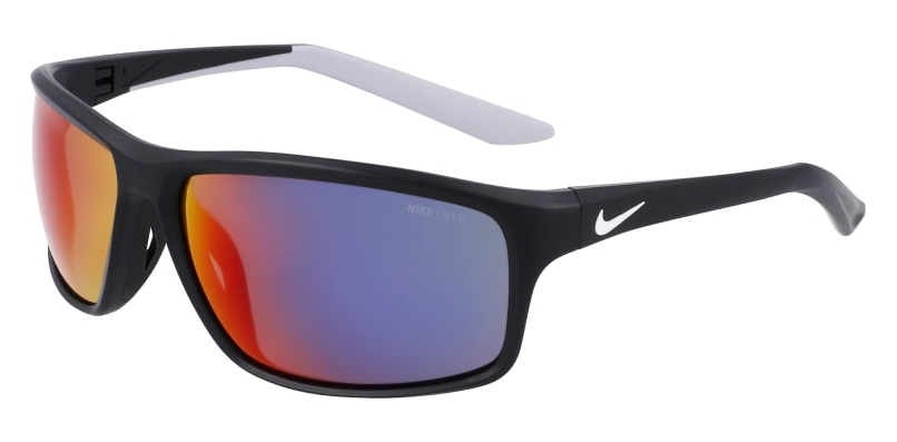 Nike Adrenaline 22 sunglasses in matte black with white temple tips and Field Tint lenses.