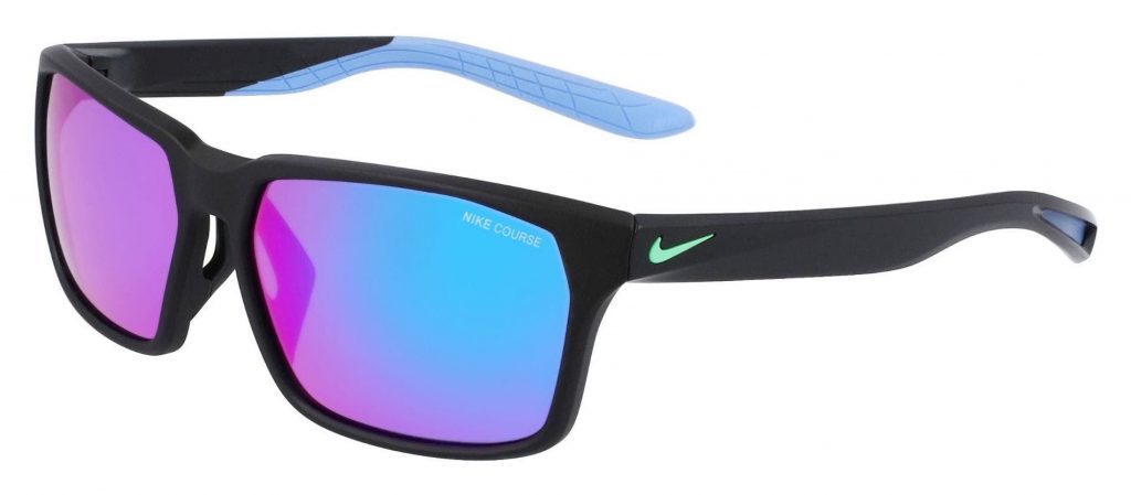 Nike Maverick RGE sunglasses in matte black with light blue temple tips and turquoise mirror lenses.