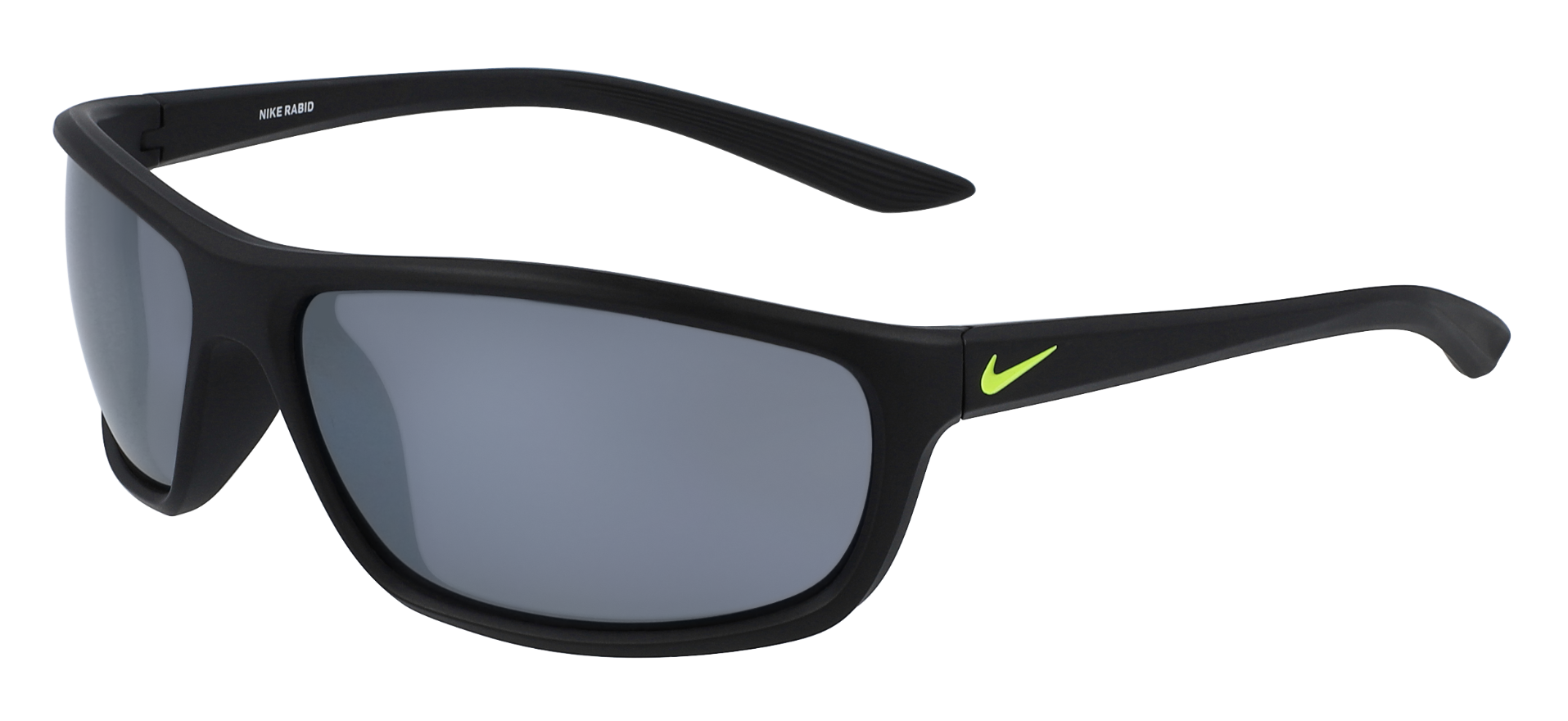 Nike Rabid 2 sunglasses in matte black with green Nike logo on temple. Silver rectangular lenses in a wraparound design.