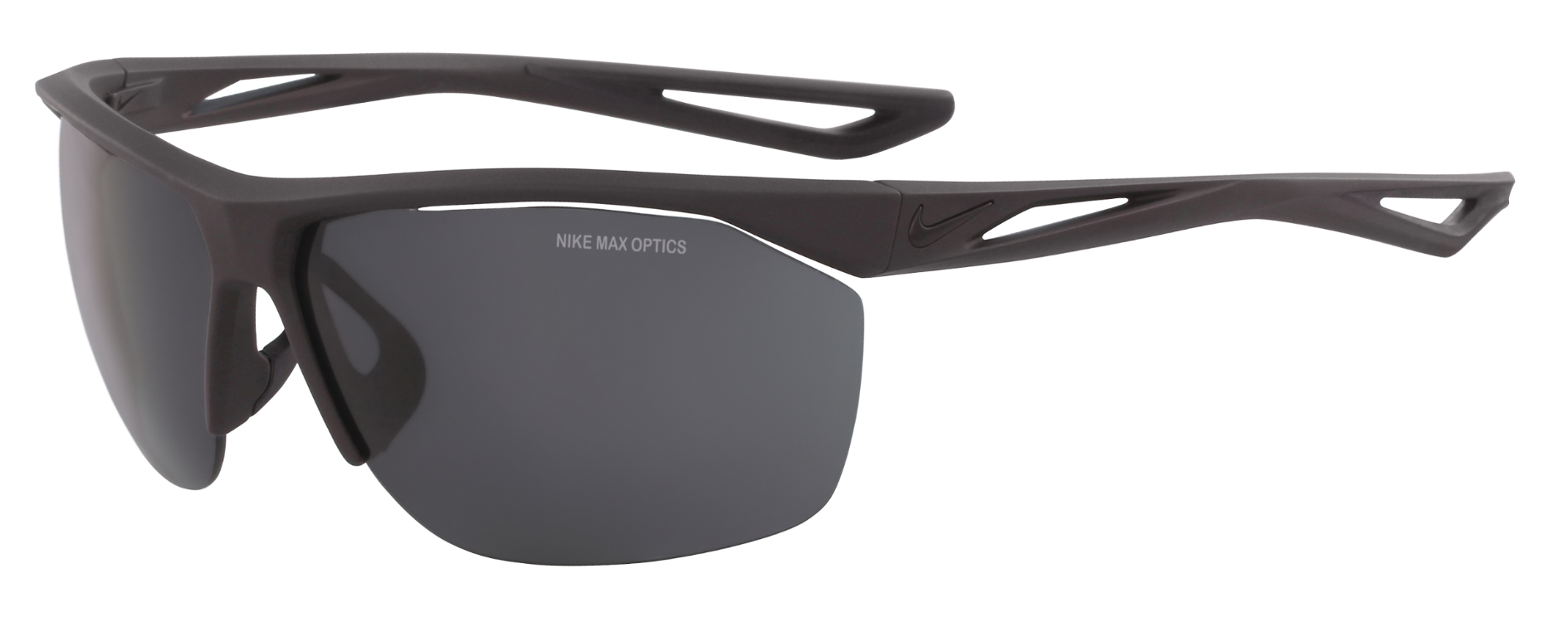 First frame in lineup of the Best Nike Running Sunglasses featuring the Nike Tailwind. A semi-rimless matte grey frame with dark grey Nike MAX Optics lenses.