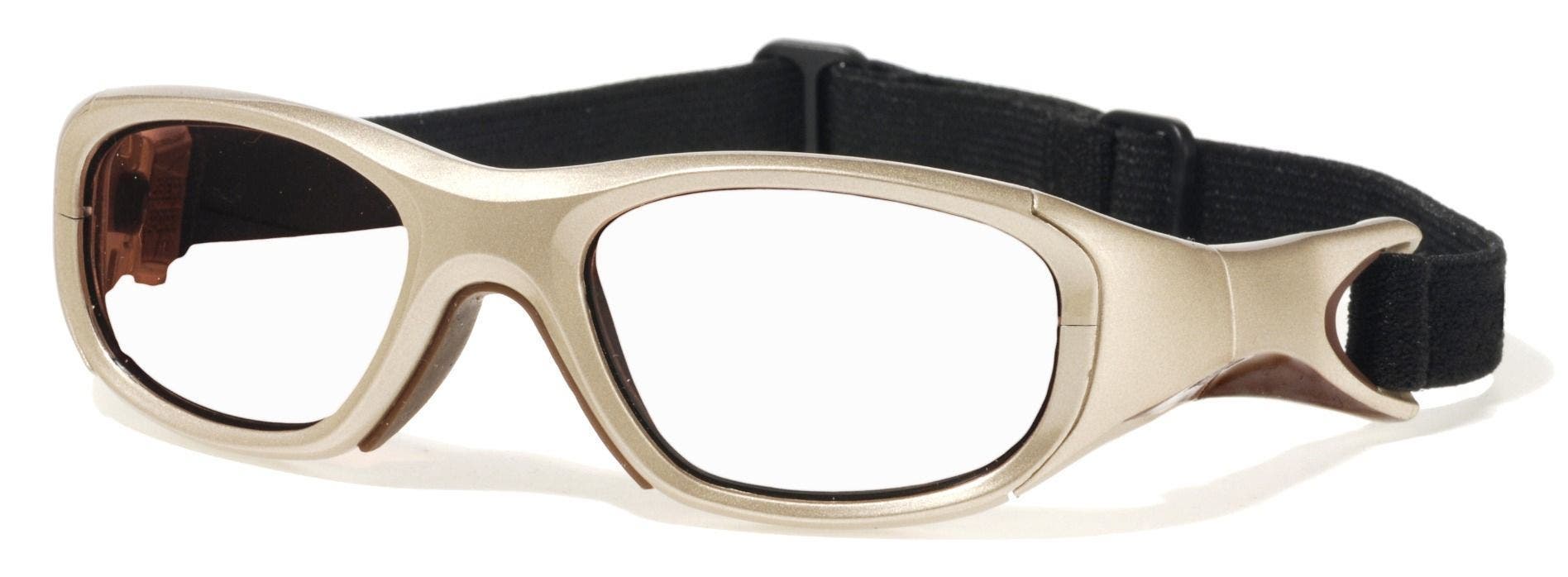 Rec Specs Morpheus III pickleball goggles in metallic gold and shiny brown with black elastic strap.