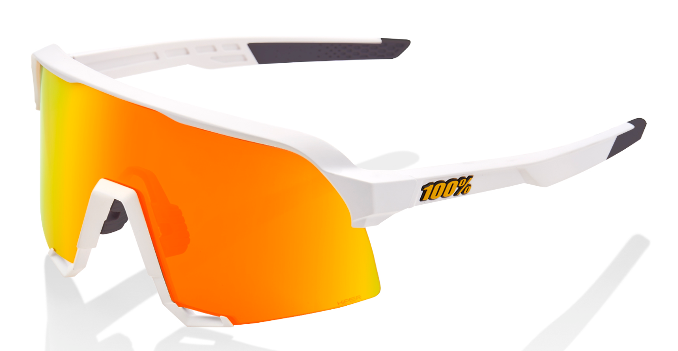 100% S3 shield sunglasses in white with orange shield lens.