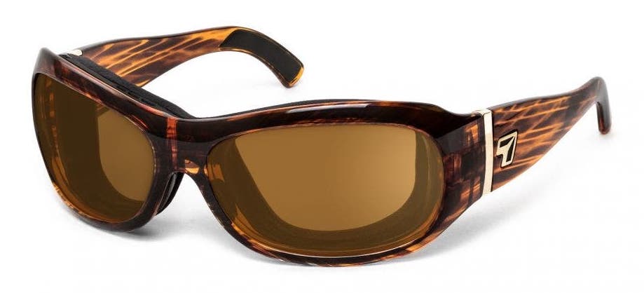 7Eye Briza women's windblocking motorcycle sunglasses in brown tortoise with copper lenses.