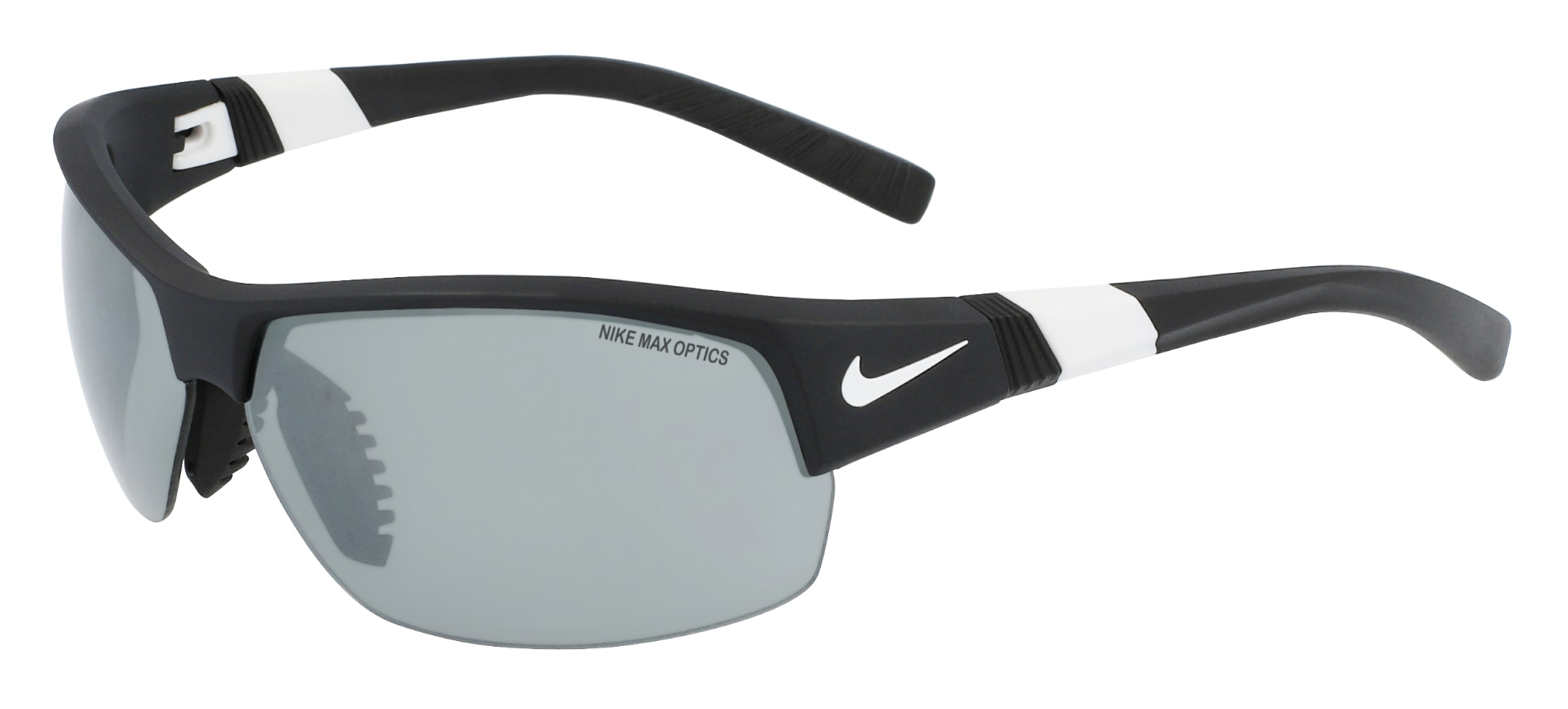 Nike Show X2 softball sunglasses in matte black with white Nike logo and grey lenses.