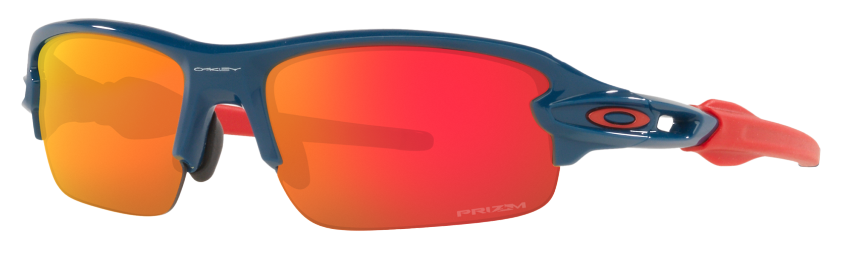 Oakley Flak XXS youth sport sunglasses in navy blue with PRIZM red orange lenses.