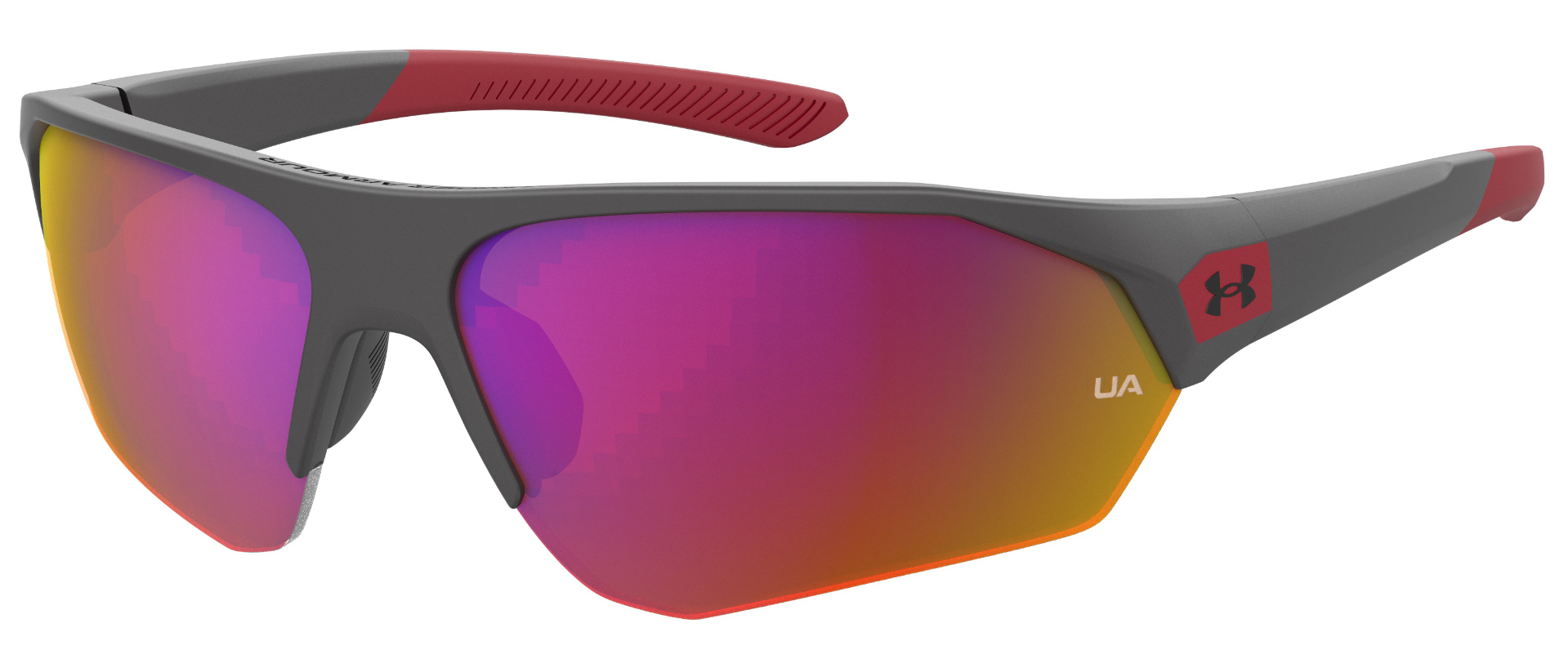 Under Armound Playmaker Jr sunglasses in matte grey with violet orange mirror lenses.