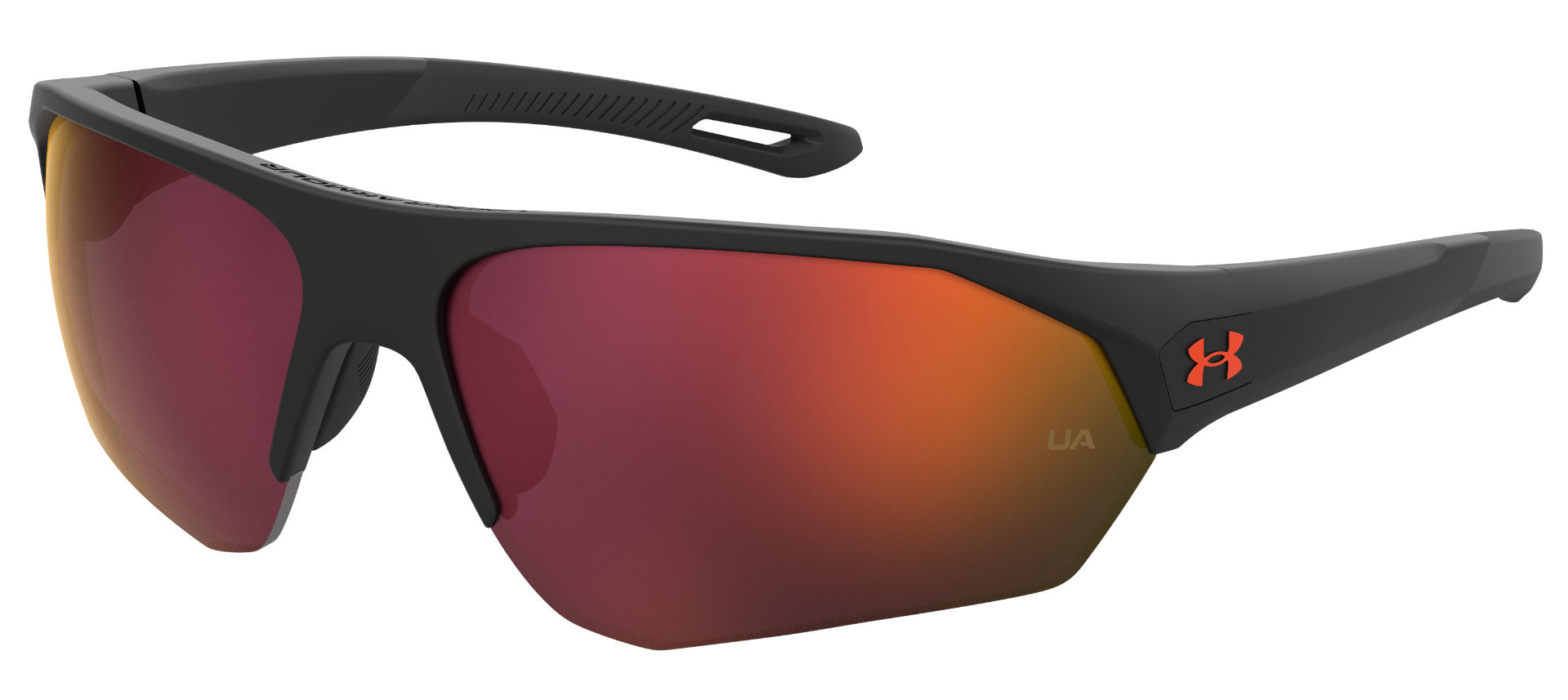 Under Armour Playmaker sunglasses in matte black with red logo and orange mirror lenses.