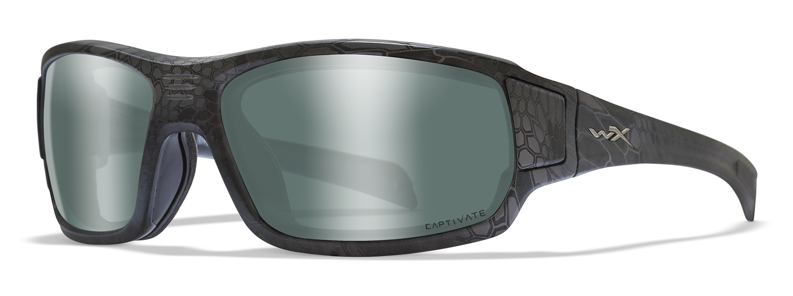 Wiley X Breach sunglasses in Kryptek grey with python pattern and CAPTIVATE polarized silver lenses.