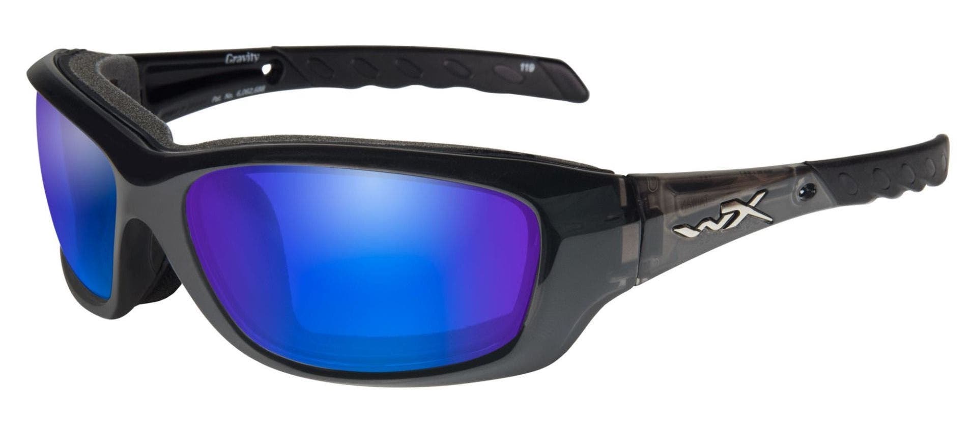 Wiley X Gravity wraparound sunglasses in black with blue mirror lenses.